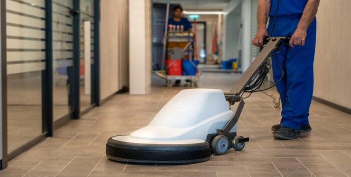 Professional cleaner polish hard floor with high speed machine.Cleaning leady with trolley is in the background